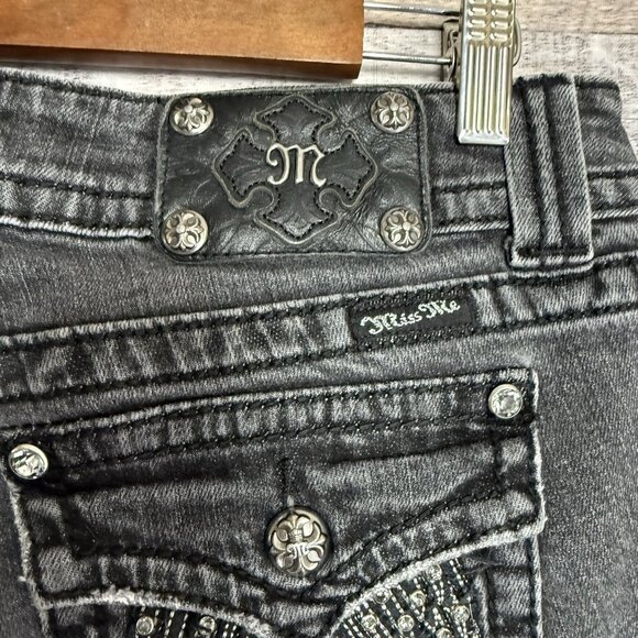 Miss Me Black Stretch Denim Low Rise Embellished Angel Wing Skinny Jeans~28 - Picture 6 of 13
